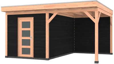 Douglas overkapping, 500 x 400, met schuur en achterwand, Westwood Comfort Plus Zwart