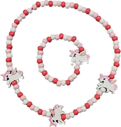 Fako Bijoux® - Kinderketting en Armband - Hout - Eenhoorn Roze/Wit