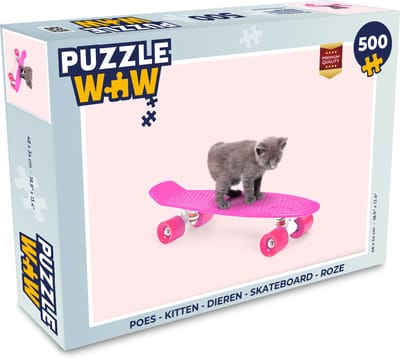 Puzzel Poes - Kitten - Dieren - Skateboard - Roze - Legpuzzel - Puzzel 500 stukjes