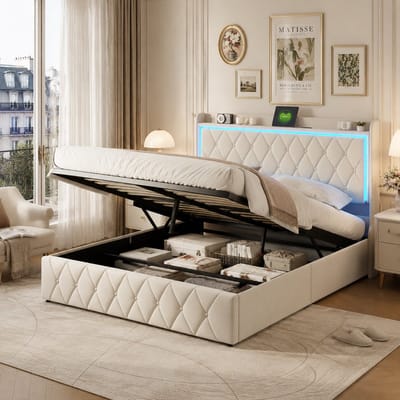 Opbergbed 140x190 cm, gestoffeerd bed met USB-oplaadpunten en LED-verlichting, tweepersoonsbed met opbergruimte en lattenbodem, fluweel Beige