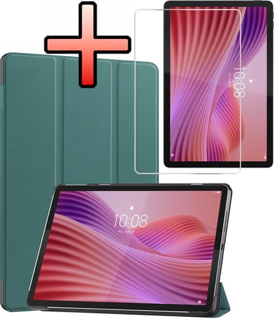 Hoes - Geschikt voor Lenovo Tab 10.1 inch - Met Screenprotector - Trifold Bookcase - Hard Cover - Hardcover Book Case - Tablet Hoesje - Donkergroen