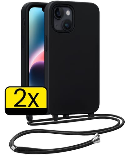 Hoesje Geschikt voor iPhone 13 Mini Hoesje Met Koord Siliconen Case - Hoes Geschikt voor iPhone 13 Mini Backcover Met Afneembaar Koord - Zwart - 2 Stuks