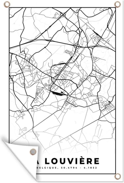 Muurdecoratie België – La Louvière – Stadskaart – Kaart – Zwart Wit – Plattegrond - 120x180 cm - Tuinposter - Tuindoek