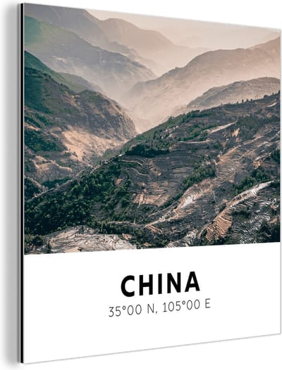 Wanddecoratie Metaal - Aluminium Schilderij Industrieel - China - Bergen - Azië - Zomer - 90x90 cm - Dibond - Foto op aluminium - Industriële muurdecoratie - Voor de woonkamer/slaapkamer