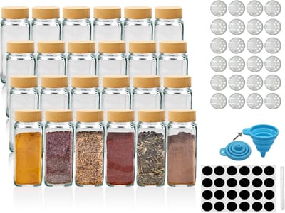 Famanu - Kruidenpotjesset (24 stuks 120 ml vierkante glazen) met elegante bamboedeksels, etiketten en strooiinzetstuk. Stijlvol bewaren van specerijen - een eersteklas cadeau-idee!