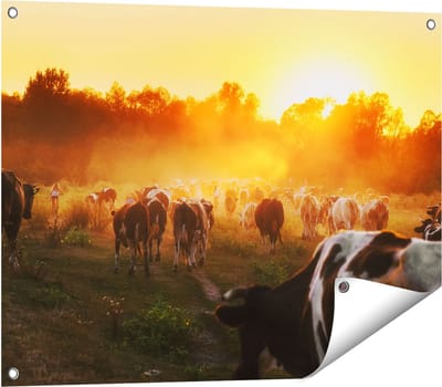 Gards Tuinposter Kudde Koeien in Weiland bij Zonsondergang - 80x60 cm - Tuindoek - Tuindecoratie - Wanddecoratie buiten - Tuinschilderij