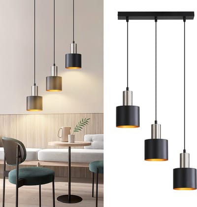 NETTLIFE Hanglamp Metaal - 3-Lichts - E27 Fitting - rechthoekig - Zwart goud - Retro Eettafel Pendellamp - Vintage - Hoogteverstelbaar Keukenlamp Hangend - voor Eetkamer | Woonkamer | Keuken - Zonder Lamp - Max.25W
