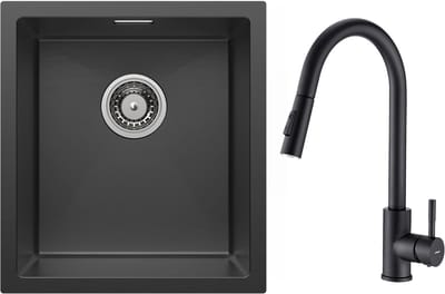 CECIPA max Spoelbakken Keuken Antraciet 40x44CM - Met keukenkraan met uittrekbare uitloop - Spoelbak Keuken - Wasbak Keuken - Met Kraangat