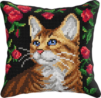 Orchidea - Kruissteek Borduurpakket voor Kussen - Kat - Geprint stramien - 4.5 count - Voor volwassenen - 99035