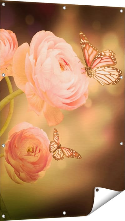 Gards Tuinposter Twee Roze Vlinders bij Roze Rozen - 80x120 cm - Tuindoek - Tuindecoratie - Wanddecoratie buiten - Tuinschilderij