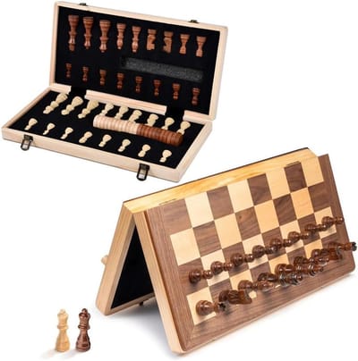 Schaakspel Houten Bordspel - Dammen Schaken - Strategisch Denken - Magnetisch Inklapbaar - 15 Inch - Walnoot