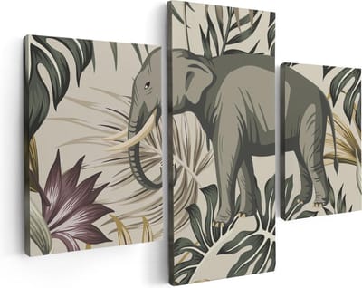 Artaza Canvas Schilderij Drieluik Tropisch Getekende Olifant - Abstract - 90x60 - Foto Op Canvas - Canvas Print