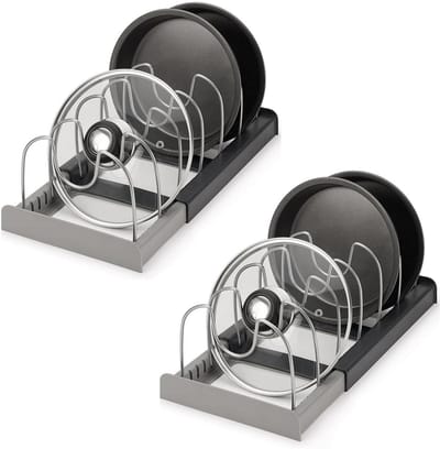 Dailygoods- Pannendekselhouder 2 Stuks - Verstelbaar - Uitbreidbaar - Dekselorganizer - Keukenrek - Roestvrij Staal 56 x 20,4 cm