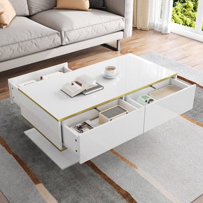 MODENUIT Salontafel - Met LED-Verlichting En 3 Laden - Voor Woonkamer - Spaanplaat Wit En Goud - 100x50x40 cm