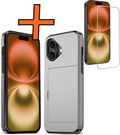 Hoesje Geschikt voor iPhone 16 Hoesje Pasjeshouder Shockproof Hard Case Met Screenprotector - Hoesje Geschikt voor iPhone 16 Hoes Met Kaarthouder - Grijs
