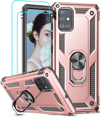 Hoesje Geschikt Voor Samsung Galaxy A51 Armor Ring hoesje & 2x Glazen tempered - Rose goud