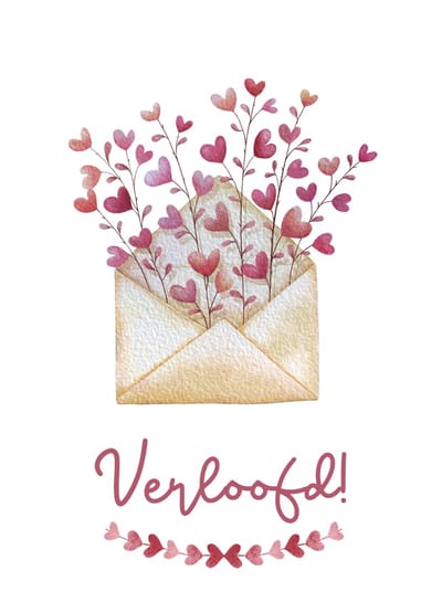 Wenskaart - Verloofd! - Envelop met hartjes- Ansichtkaart met adresregels- kwaliteitskaart 400 grams papier