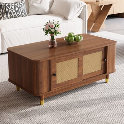 HAUSS SPOLE Salontafel - Met Rotan Schuifdeuren En Opbergruimte - Voor Woonkamer - MDF In Houtlook - 100x50x42 Cm - Walnoot