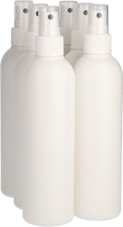 6 x Gerecyclede Plastic Fles 250 ml Spraypomp Wit - Rond- Gerecycled HDPE Kunststof - Onbreekbaar - ca. 70% minder Co2 uitstoot door gerecycled materiaal - 6 stuks