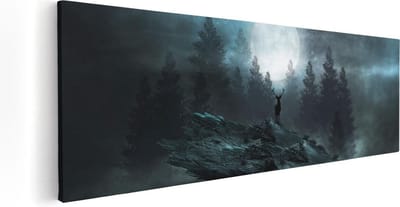 Artaza Canvas Schilderij Hert Met Gewei - 60x20 cm - Wanddecoratie Bos - Muurdecoratie Maan - Kamer Accessoires Woonkamer