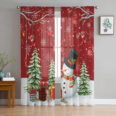 Kerst Sneeuwpop Sneeuwvlok Rood Transparante Gordijnen voor Woonkamer Decoratie Raamgordijnen Keuken Tule Voile Gordijnen W135 x H115cm x1 brown