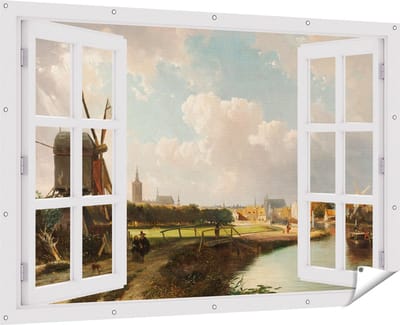 Gards Tuinposter Doorkijk Gezicht op Den Haag vanaf de Delftse Vaart in de Zeventiende Eeuw - Cornelis Springer - 180x120 cm - Tuindoek - Tuindecoratie - Wanddecoratie buiten - Tuinschilderij