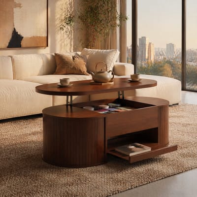 OKWISH Salontafel - Hoogte Verstelbaar Blad - Met Verborgen Opbergruimte En Uitschuifbare Onderplank - MDF Walnootlook - 110×55,5×40 Cm