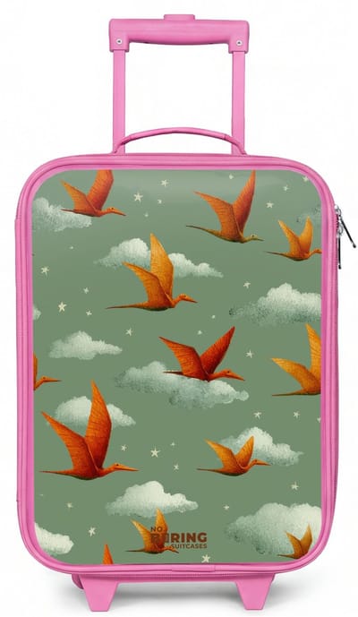 NoBoringSuitcases.com® - Kinderkoffer roze - Kindertrolley meisje - Vliegende pterosaurussen tussen sterren - Koffer kind lichtgewicht - Reiskoffer trolley voor kinderen - Koffertje met lichtgevende wieltjes - Rolkoffer