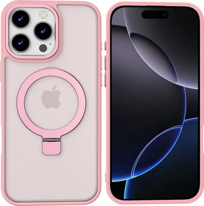 Hoesje Geschikt voor iPhone 16 Pro Magsafe hoesje - hard backcover - Magnetische Standaard - Ringhouder - Mat Transparant / Licht Roze