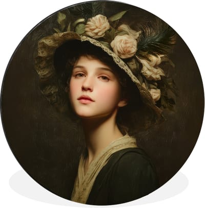 WallCircle - Wandcirkel - Muurcirkel - Bloemenhoed - Portret - Vrouw - Aluminium - Dibond - 30x30 cm - Binnen en Buiten