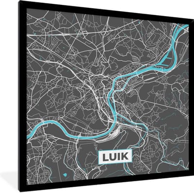 Fotolijst incl. Poster - België – Luik – Stadskaart – Kaart – Blauw – Plattegrond - 40x40 cm - Posterlijst