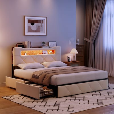 Gestoffeerd Bed 160x200 cm met LED-verlichting, USB-C en 4 Lades – Tweepersoonsbed met Opbergruimte, Lattenbodem & Hoofdbord – Fluweel Beige – Zonder Matras