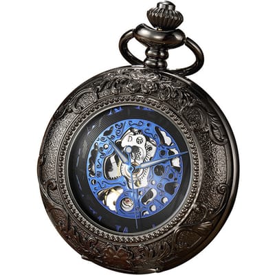 Vintage zwart mechanisch legering skelet half jacht zakhorloge