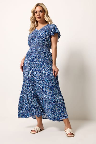 Yours Blauwe Maxijurk Met Tegelprint Size 42