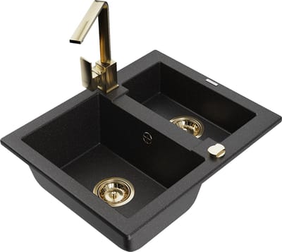 Mexen Carlos granieten gootsteen 1,5-compartiment met keukenmengkraan Rita, zwart/zilver metallic - 6518-73-670300-50