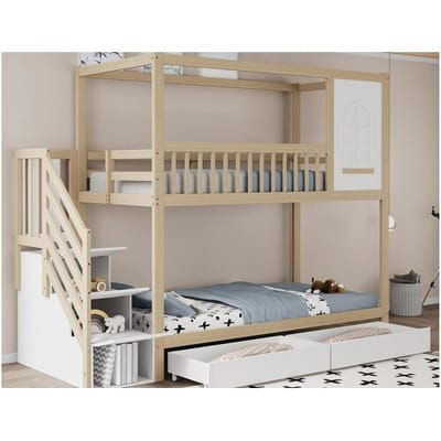 ModernLuxe Stapelbed 90x200cm in massief hout - 2 laden en opbergtrap - Naturel & Wit