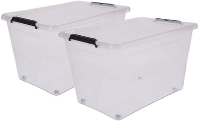 5Five opberg kist met deksel - 2x - Clip Box - 60 liter - 58 x 39 x 35 cm - kunststof - transparant - met wielen
