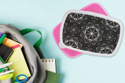 Broodtrommel Roze - Lunchbox - Brooddoos - Bloemen - Design - Zwart - Wit - Geometrie - 18x12x6 cm - Kinderen - Meisje