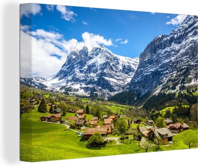 Panoramisch zicht op het dorp Grindelwald en Wetterhorn in Zwitserland Canvas 30x20 cm - klein - Foto print op Canvas schilderij (Wanddecoratie woonkamer / slaapkamer)