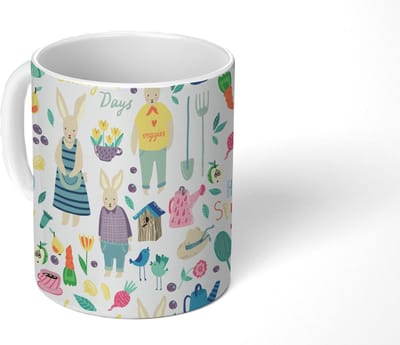 Mok - Koffiemok - Patronen - Konijn - Lente - Tuin - Mokken - 350 ML - Beker - Koffiemokken - Theemok