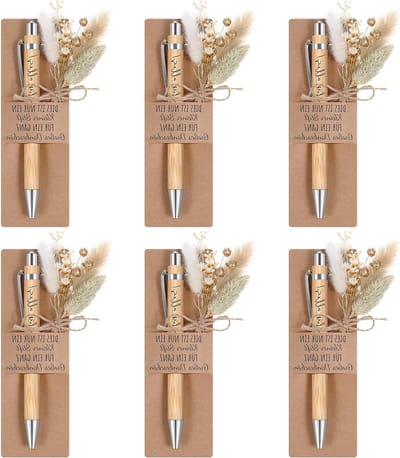 Cadeau Set met Houten Balpen en Echte Gedroogde Bloemen - Afscheidscadeau voor Leraar, Collega of Vriend - Persoonlijke Gravering en Papieren Penhouder (6 Sets)