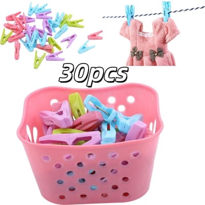 1 roze mand + 30 kleine clips - met opbergmand - kledingdroogclip ondergoed sokken wasknijpers - 13*11*7.5cm - geschikt voor thuisgebruik bij het drogen van kleding - roze