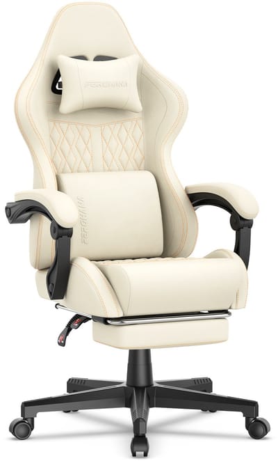 Soontrans-Gaming Stoel-Inklapbare Voetensteun-Gamestoel Verstelbaar Rugleuning-Ergonomische Gaming Chair-Bureaustoel-Max Draagvermogen 120 kg-PU Kunstleer Computerstoel Gaming Voor Volwassenen en Jongeren-Wit
