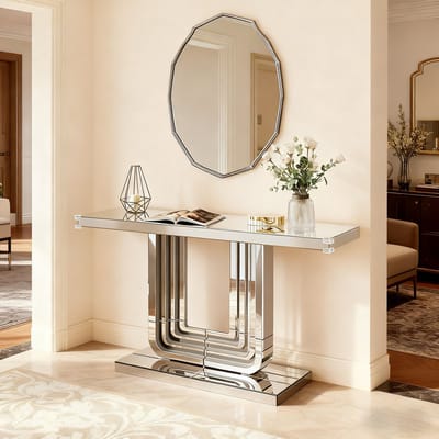 MODFU Consoletafel - Gespiegeld Ontwerp - U-Vormige Basis - Voor Hal Of Woonkamer - MDF En Glas - Zilver