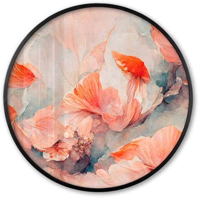 Poster in lijst Rond - Fotolijst 60x60 cm - Posters - Bloemen - Bladeren - Planten - Roze - Ronde posterlijst zwart - Decoratie - Wanddecoratie woonkamer - Muurdecoratie slaapkamer