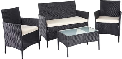 Poly-rattan tuinset MCW-D82, loungeset ~ zwart met crèmekleurige kussens