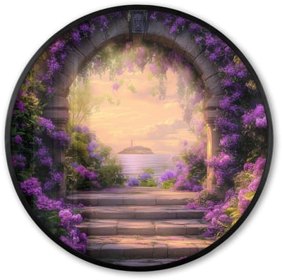 Poster in lijst Rond - Fotolijst 60x60 cm - Posters - Poort - Paars - Bloemen - Ronde posterlijst zwart - Decoratie - Wanddecoratie woonkamer - Muurdecoratie slaapkamer