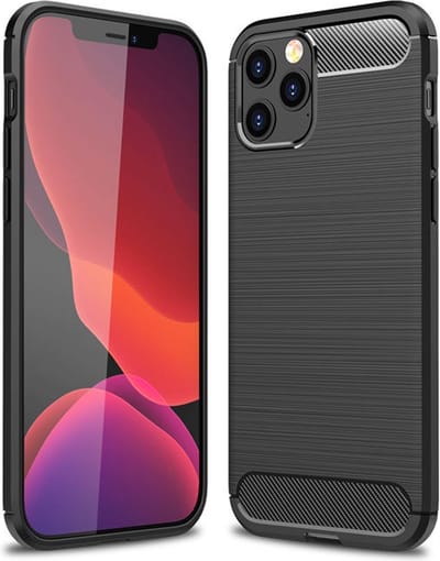 MobyDefend Hoesje - Geschikt voor iPhone 12 / 12 Pro - TPU Backcover - Geborstelde Metaal & Carbon-Look - Zwart