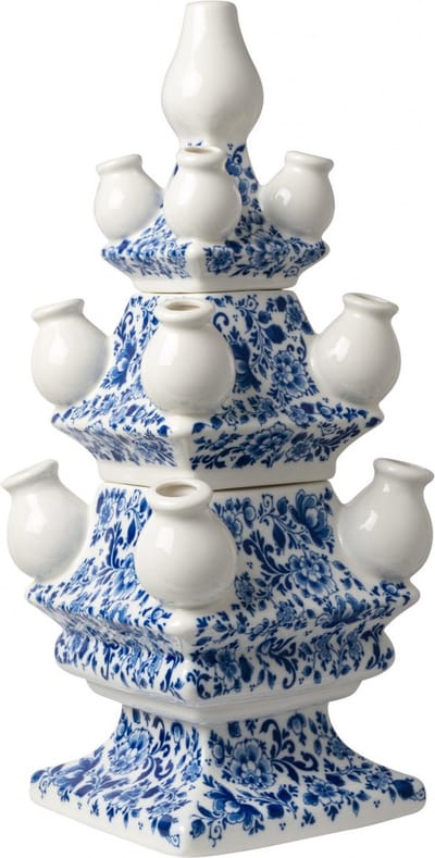 Heinen Delfts Blauw - Tulpenvaas - Sierlijke Bloem - 3-delig - Keramiek - 40cm