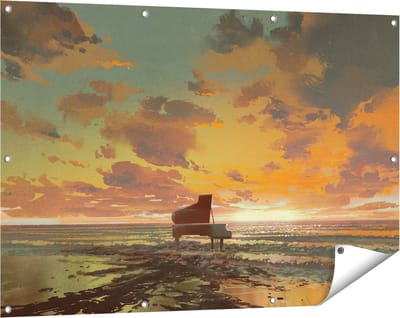 Gards Tuinposter Piano op het Strand bij Zonsondergang - 120x80 cm - Tuindoek - Tuindecoratie - Wanddecoratie buiten - Tuinschilderij